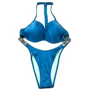 Victoria Secret MALIBU Shine Rhinestone Strap Bikini Swim Set Blue Size 34DDD/S